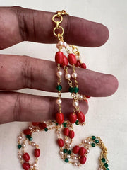 Gold polish corals, pearl and green onyx beads chain-Silver Neckpiece-CI-House of Taamara