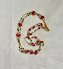 Gold polish corals, pearl and green onyx beads chain-Silver Neckpiece-CI-House of Taamara
