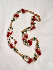 Gold polish corals, pearl and green onyx beads chain-Silver Neckpiece-CI-House of Taamara
