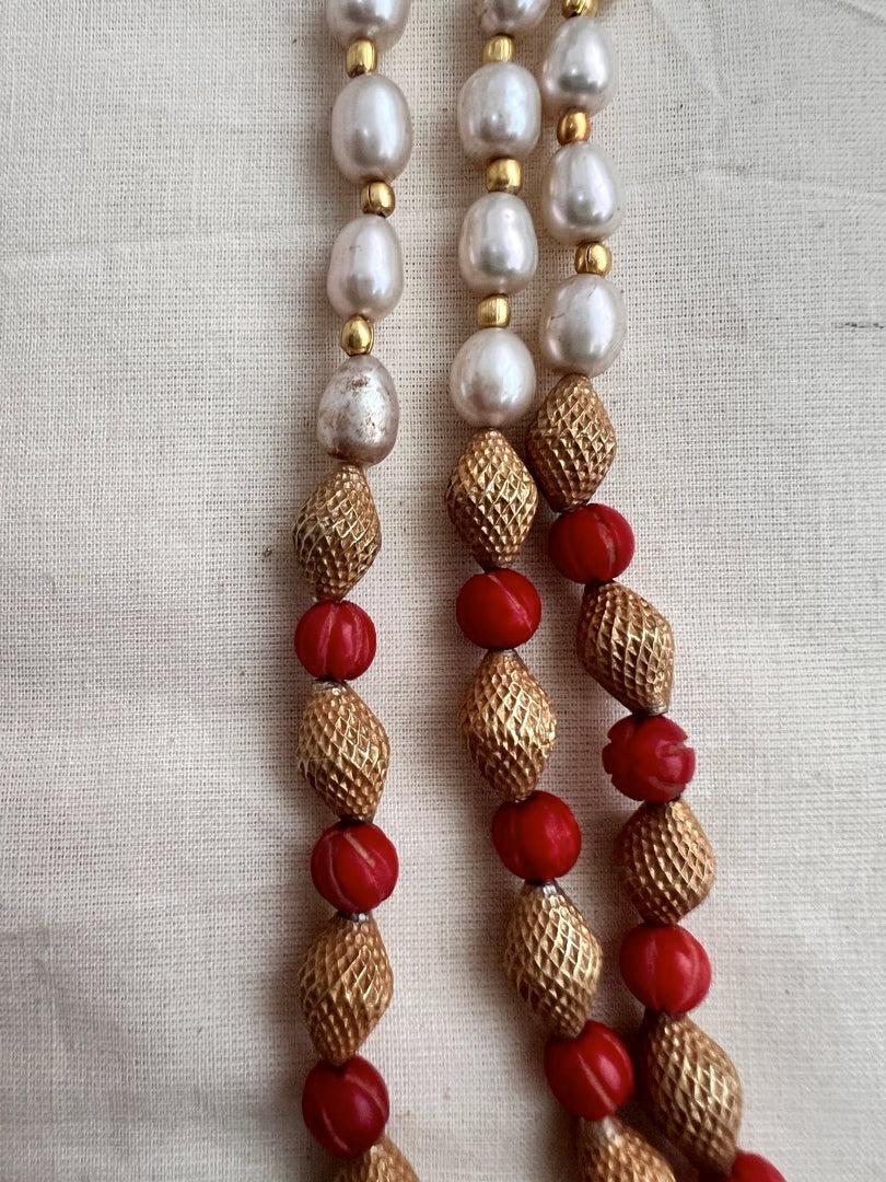Gold polish corals, pearls & gold beads three layer necklace-Silver Neckpiece-CI-House of Taamara