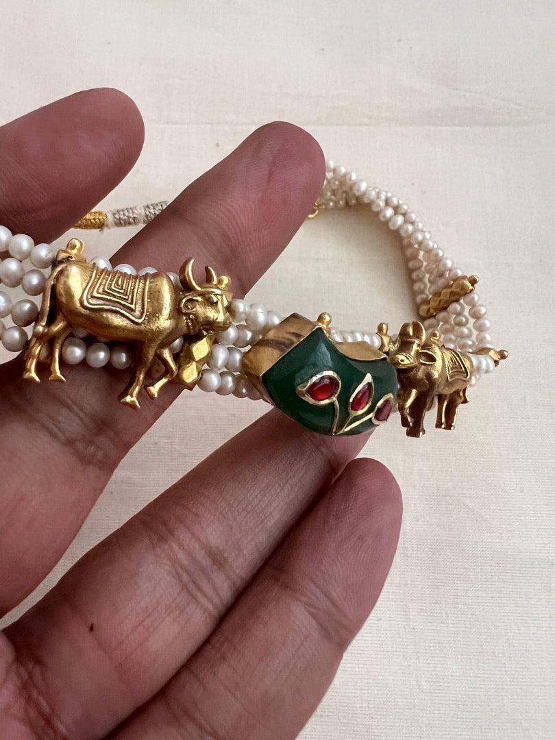 Gold polish cow choker with pearls & kundan inlay stone work-Silver Neckpiece-CI-House of Taamara