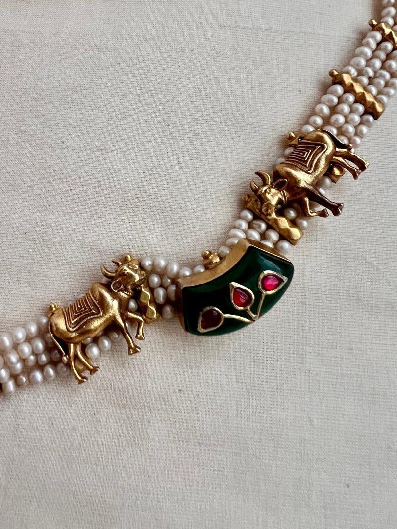 Gold polish cow choker with pearls & kundan inlay stone work-Silver Neckpiece-CI-House of Taamara
