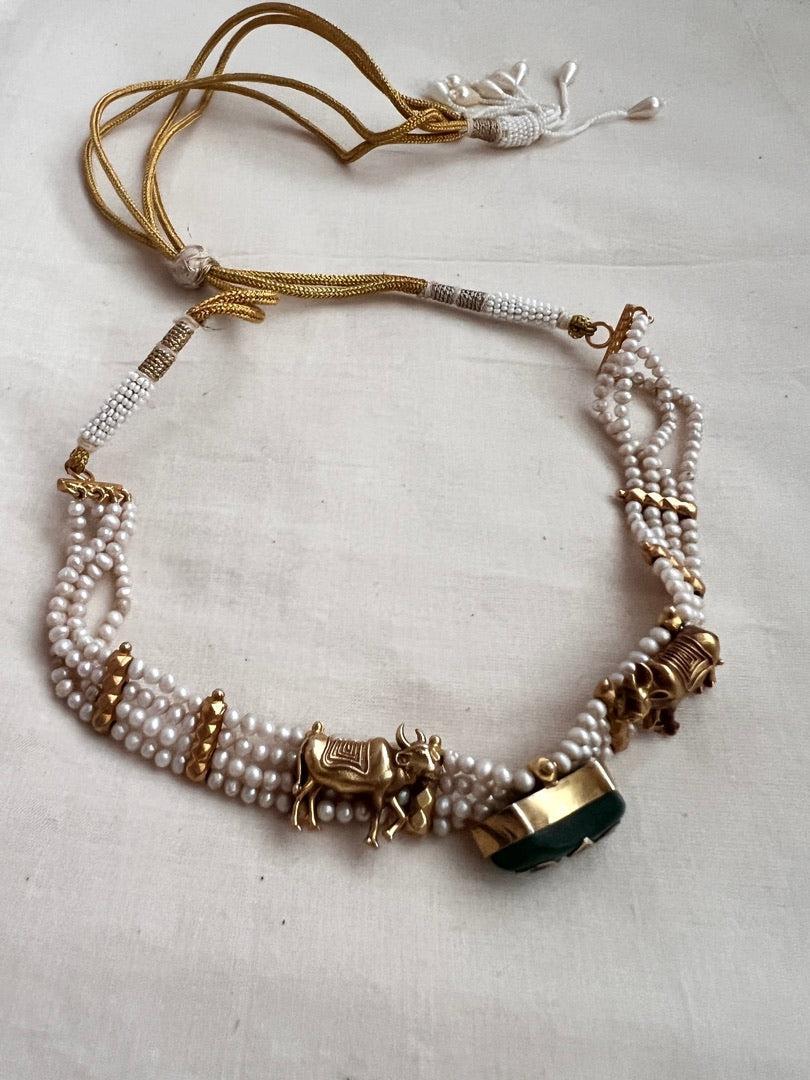 Gold polish cow choker with pearls & kundan inlay stone work-Silver Neckpiece-CI-House of Taamara