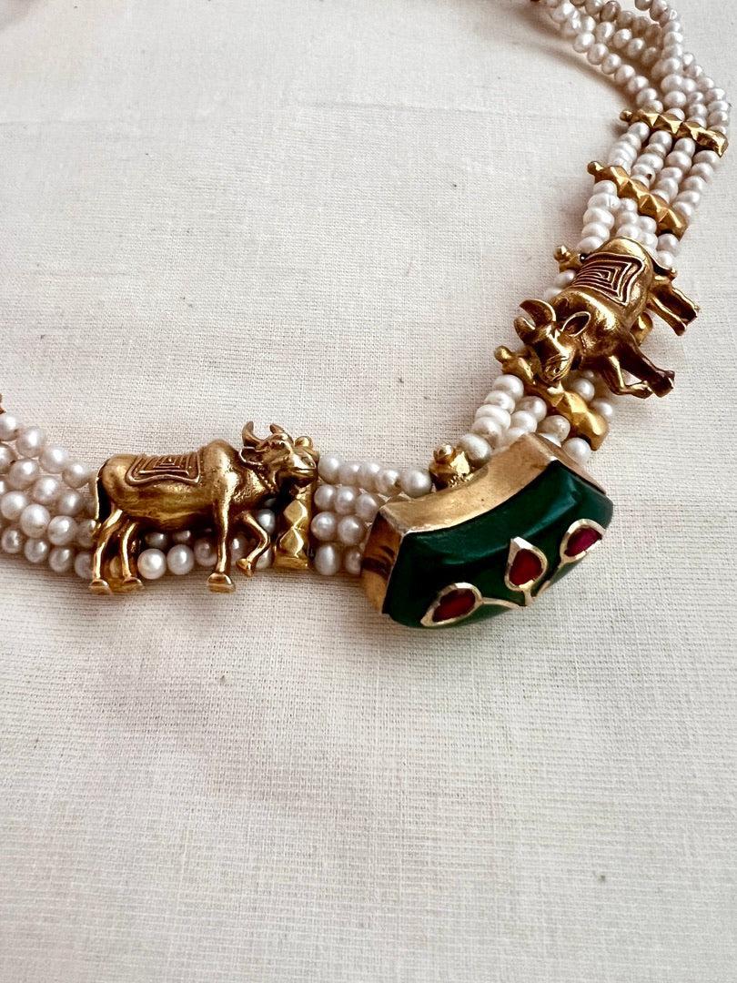 Gold polish cow choker with pearls & kundan inlay stone work-Silver Neckpiece-CI-House of Taamara