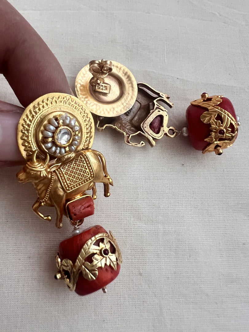 Gold polish cow motif earrings with coral bead hangings-Earrings-CI-House of Taamara