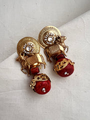 Gold polish cow motif earrings with coral bead hangings-Earrings-CI-House of Taamara