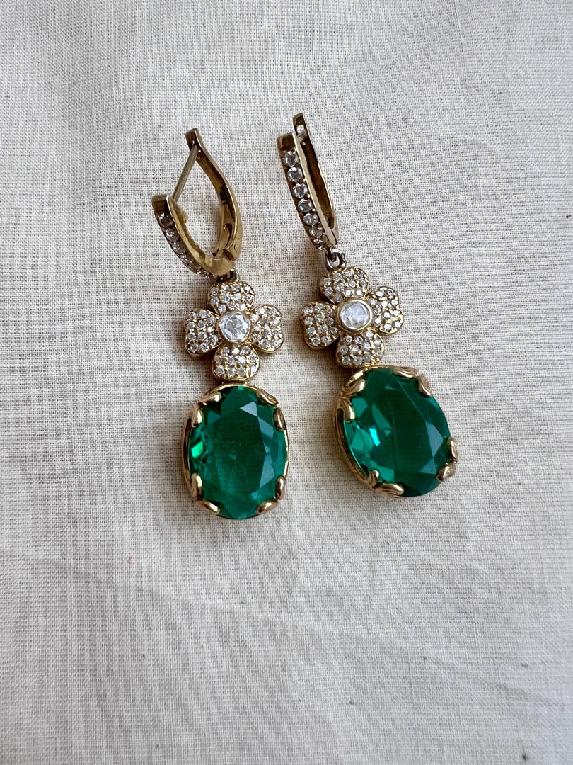 Gold polish cz and green stone hangings-Earrings-CI-House of Taamara