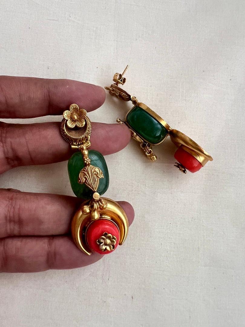 Gold polish earrings with corals & jade stones-Earrings-CI-House of Taamara