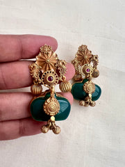 Gold polish earrings with green onyx stone-Earrings-CI-House of Taamara