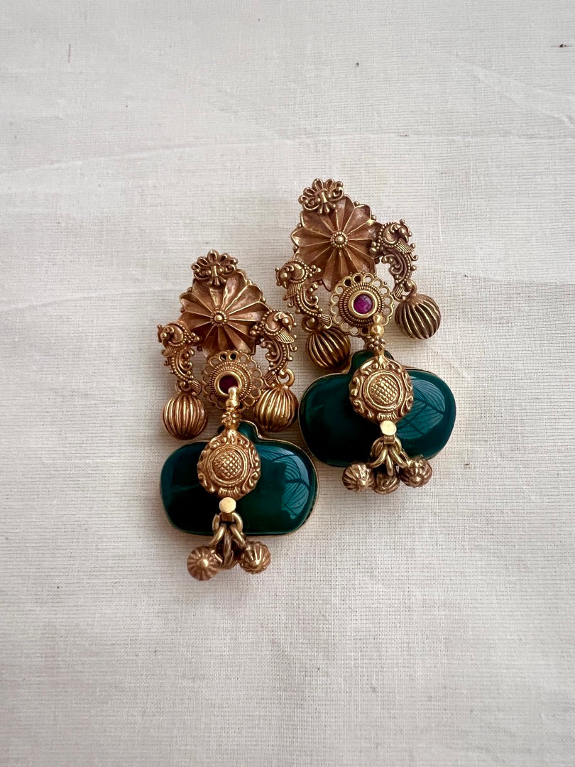 Gold polish earrings with green onyx stone-Earrings-CI-House of Taamara