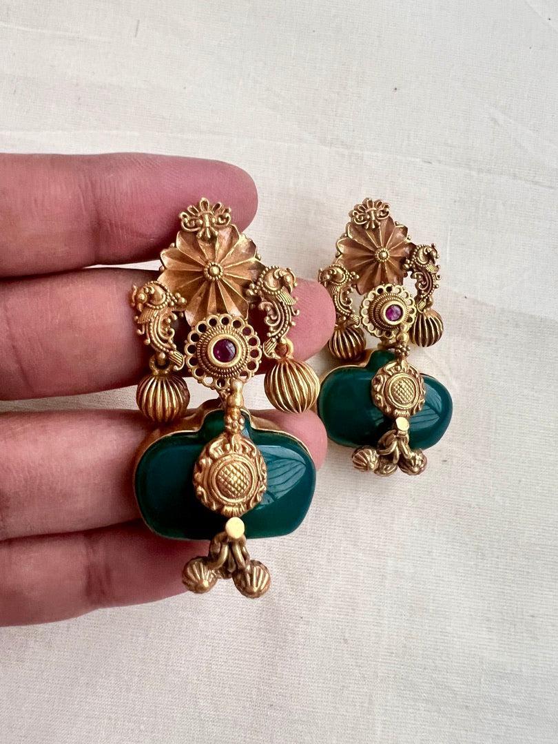 Gold polish earrings with green onyx stone-Earrings-CI-House of Taamara