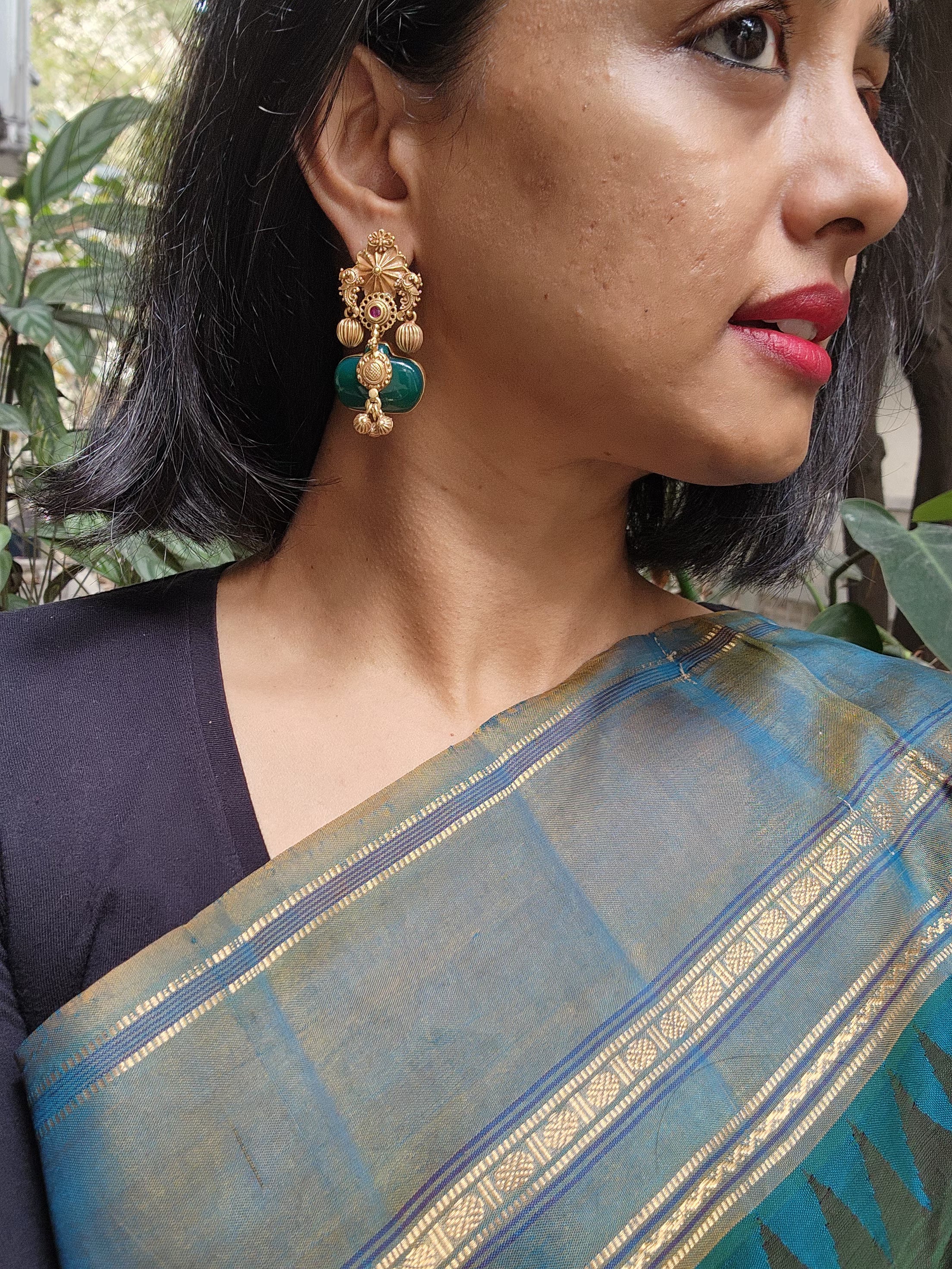 Gold polish earrings with green onyx stone-Earrings-CI-House of Taamara