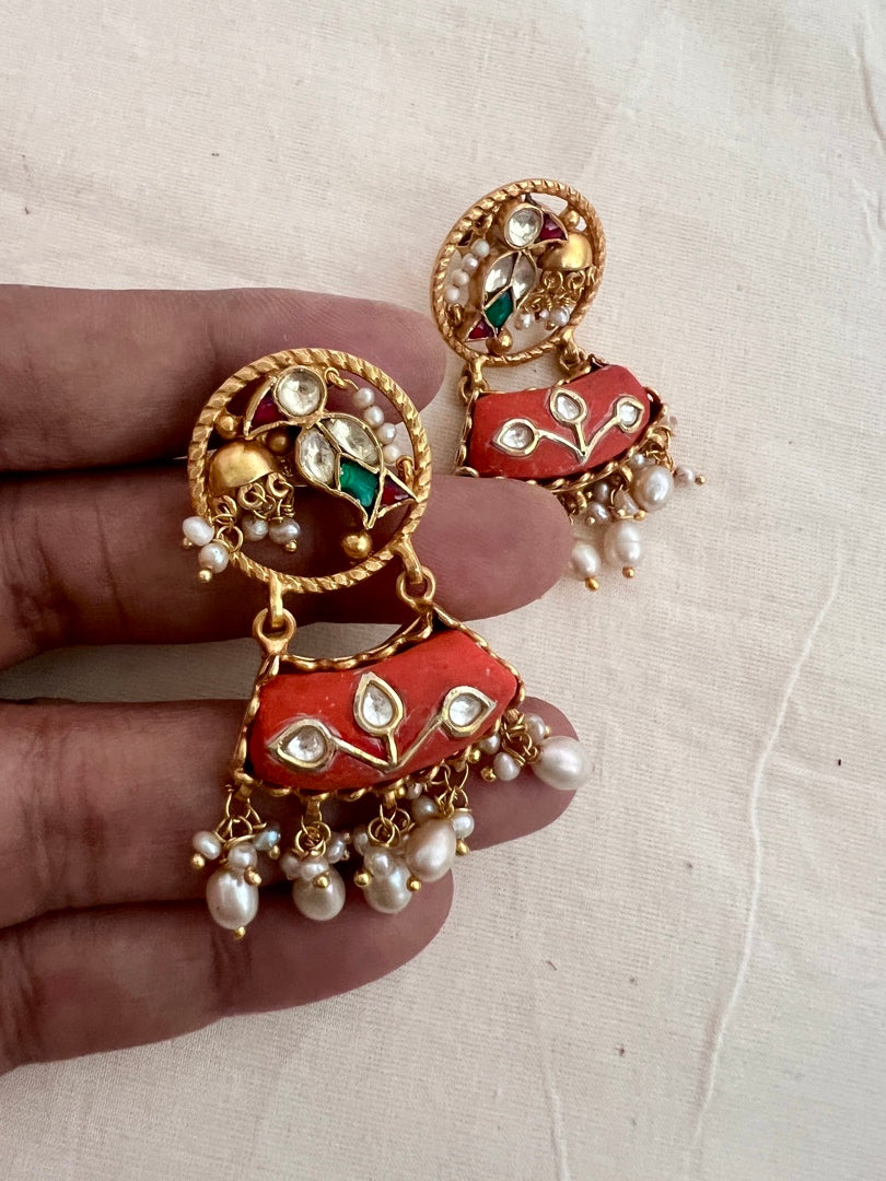 Gold polish earrings with kundan inlay work on corals & pearl hangings-Earrings-CI-House of Taamara