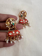 Gold polish earrings with kundan inlay work on corals & pearl hangings-Earrings-CI-House of Taamara