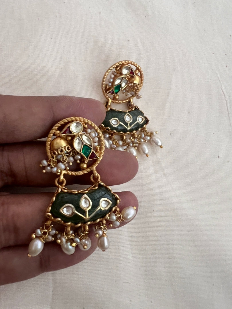 Gold polish earrings with kundan inlay work on emeralds & pearl hangings-Earrings-CI-House of Taamara