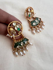 Gold polish earrings with kundan inlay work on emeralds & pearl hangings-Earrings-CI-House of Taamara