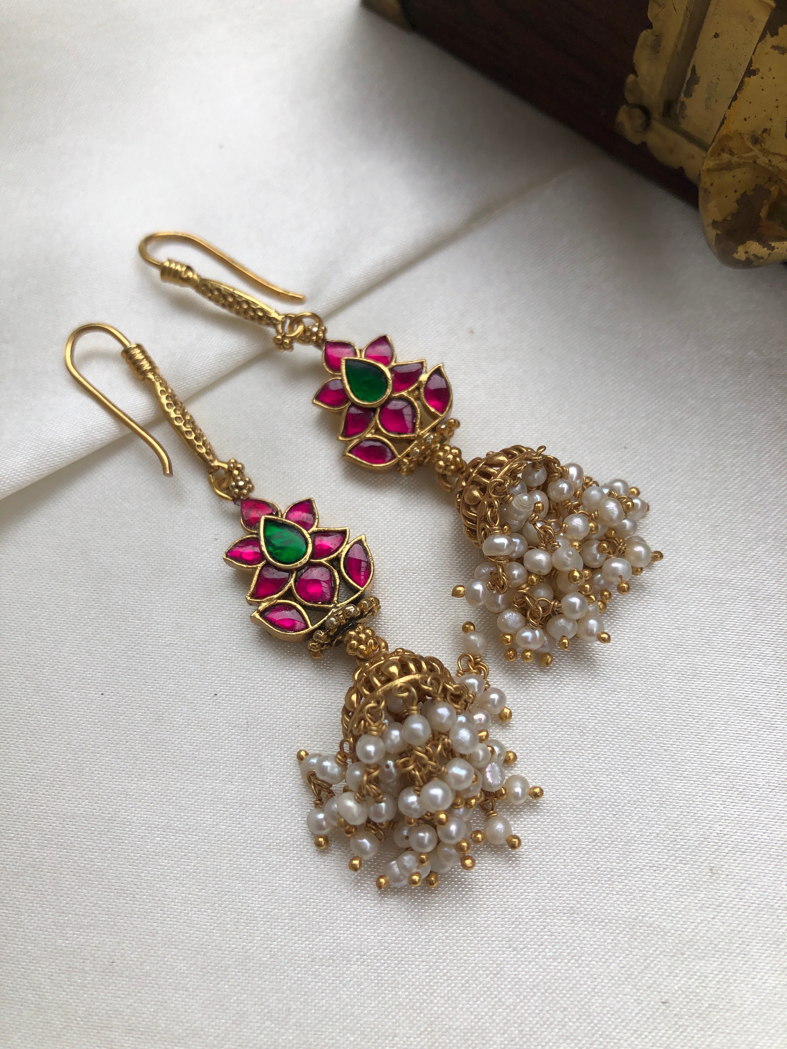 Gold polish earrings with kundan & pearls-Earrings-PL-House of Taamara