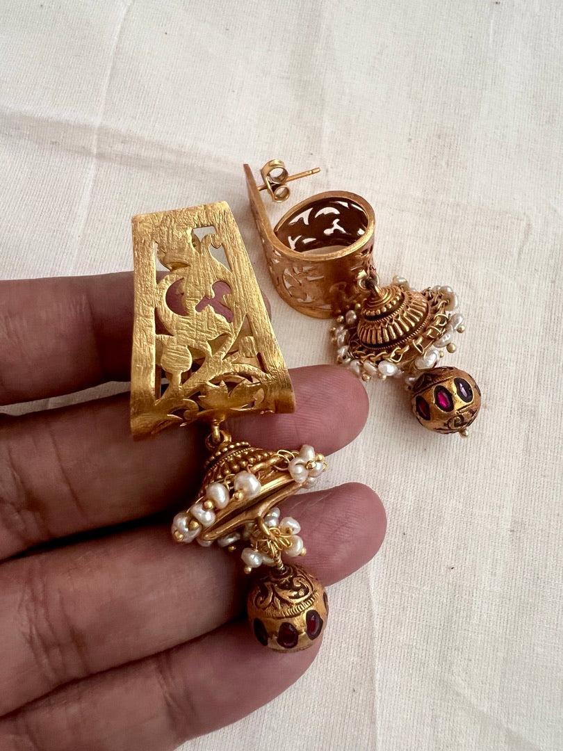 Gold polish earrings with pearls-Earrings-CI-House of Taamara