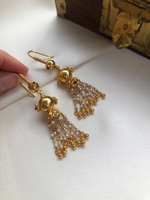 Gold polish earrings with ruby & pearls hangings-Earrings-PL-House of Taamara