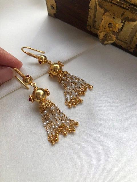 Gold polish earrings with ruby & pearls hangings-Earrings-PL-House of Taamara