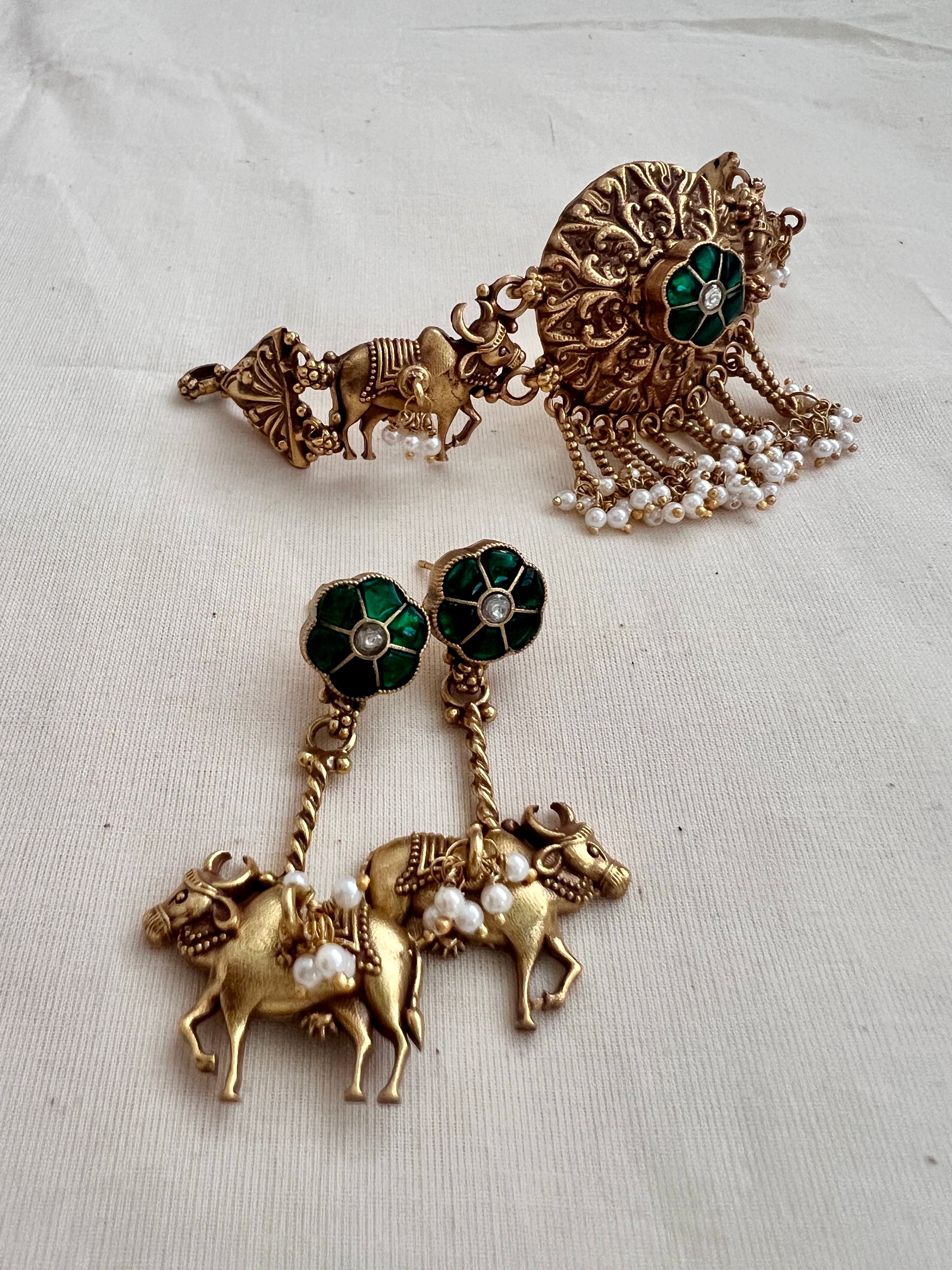 Gold polish emerald & cow choker with pearls, SET-Silver Neckpiece-CI-House of Taamara