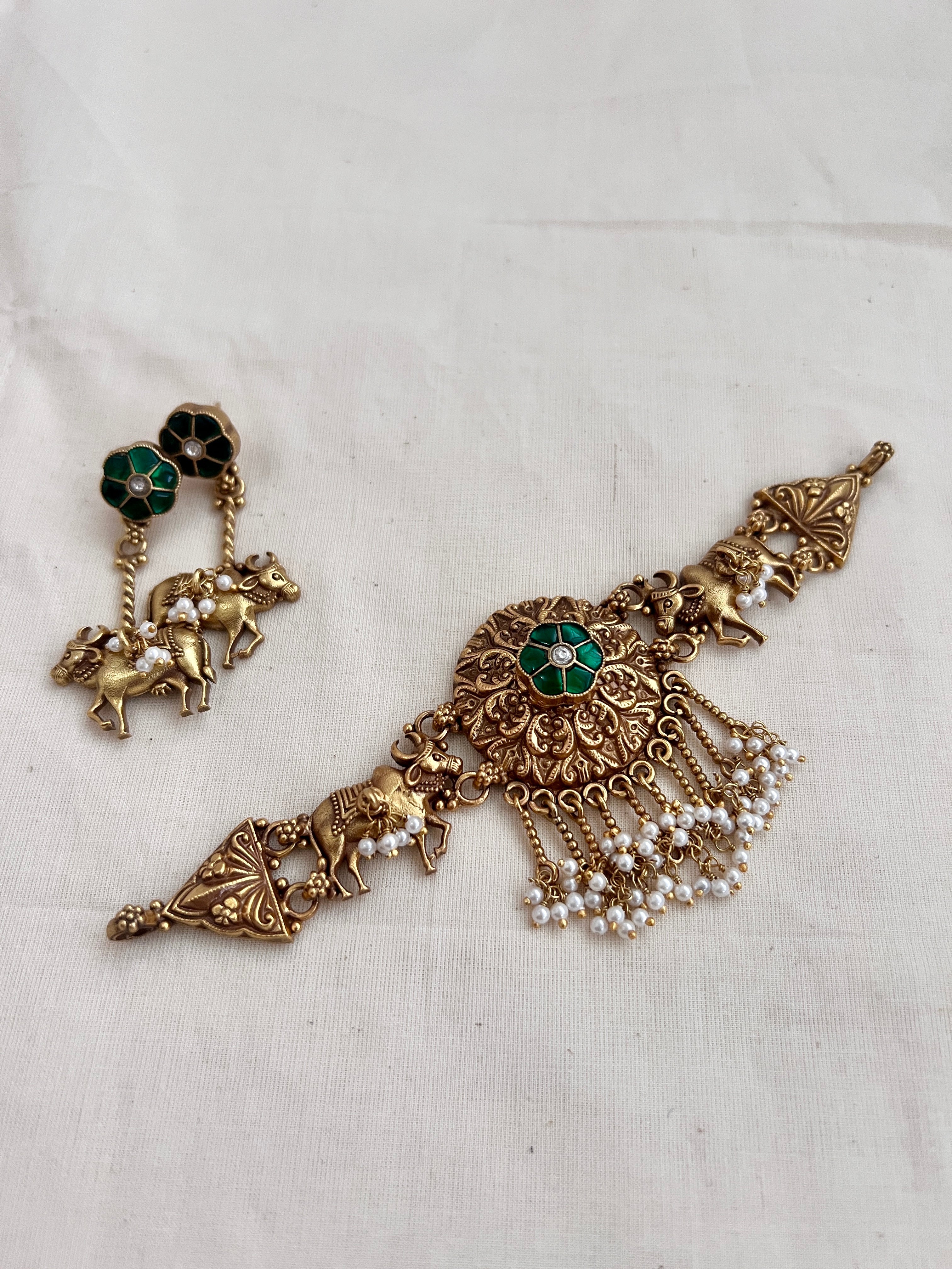 Gold polish emerald & cow choker with pearls, SET-Silver Neckpiece-CI-House of Taamara