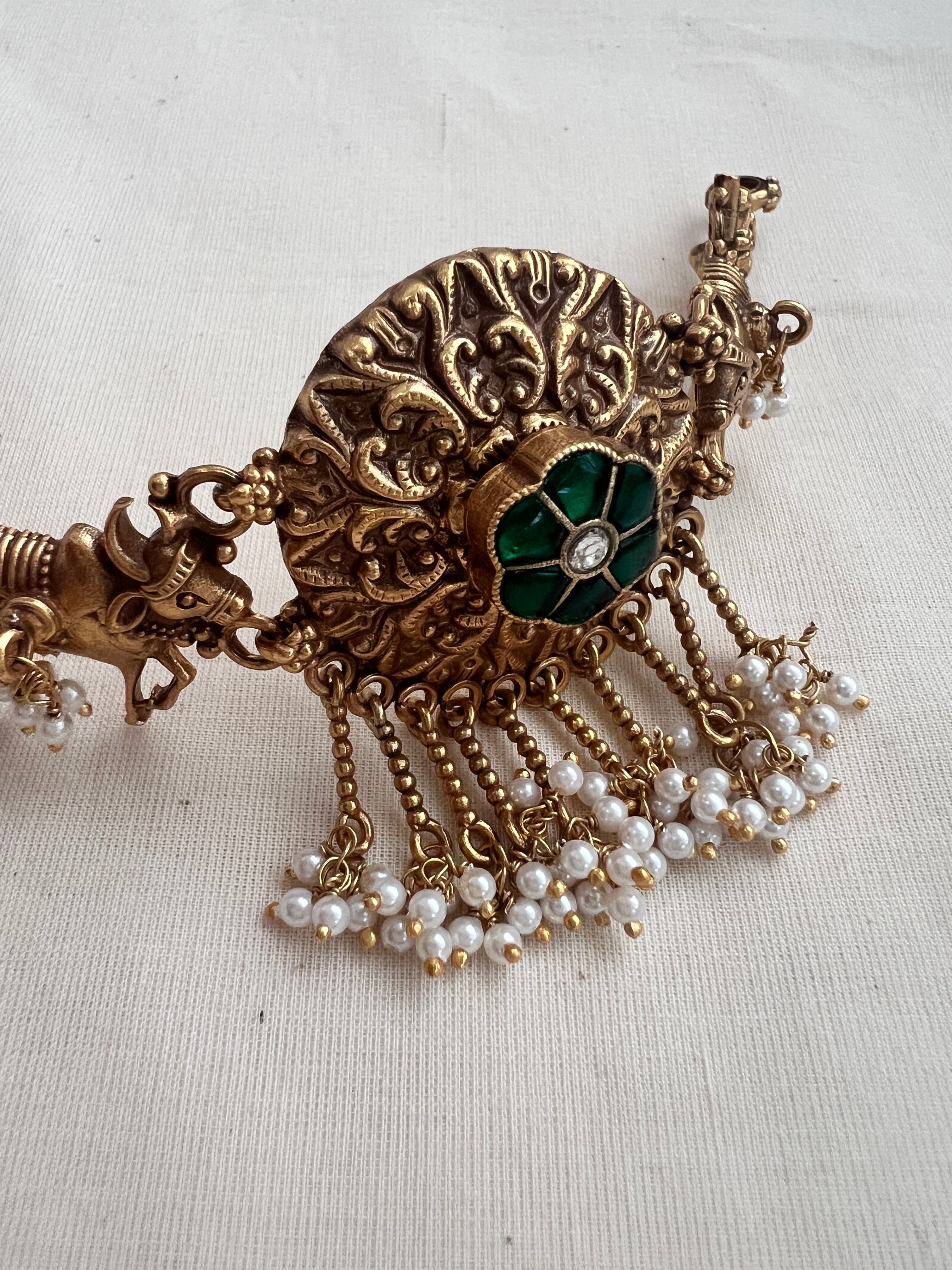 Gold polish emerald & cow choker with pearls, SET-Silver Neckpiece-CI-House of Taamara