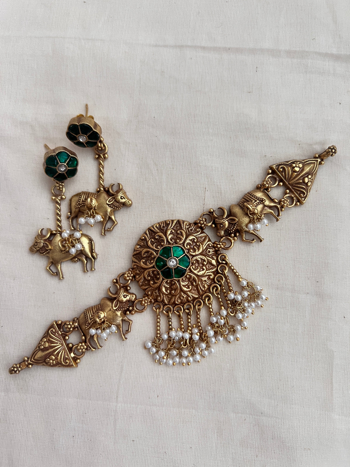 Gold polish emerald & cow choker with pearls, SET-Silver Neckpiece-CI-House of Taamara