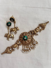 Gold polish emerald & cow choker with pearls, SET-Silver Neckpiece-CI-House of Taamara