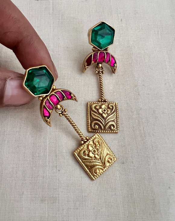 Gold polish emerald doublet stone hangings-Earrings-CI-House of Taamara