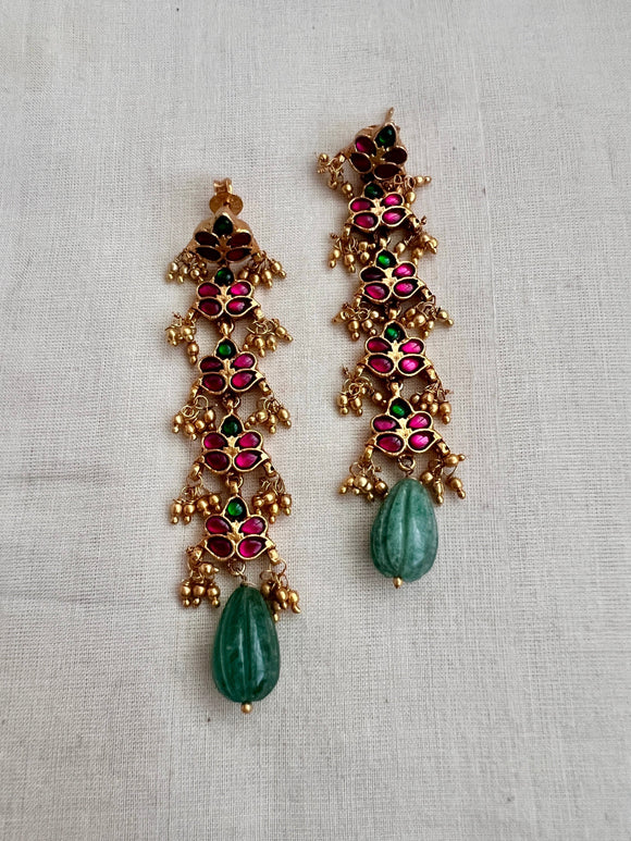Gold polish emerald & ruby hangings with jade drop beads-Earrings-CI-House of Taamara