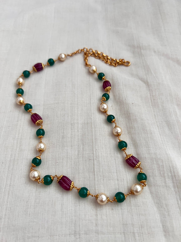 Gold polish emerald, ruby & pearls bead chain-Silver Neckpiece-CI-House of Taamara