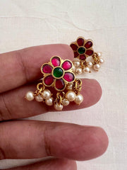 Gold polish emerald & ruby studs with pearls-Earrings-CI-House of Taamara