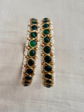 Gold polish emerald stone bangles with pearls, pair-Silver Bracelet-CI-House of Taamara