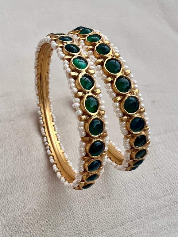 Gold polish emerald stone bangles with pearls, pair-Silver Bracelet-CI-House of Taamara