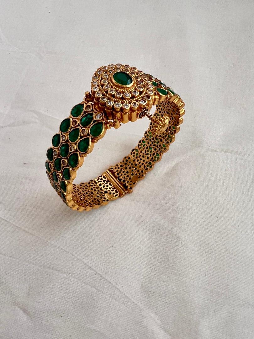 Gold polish emerald stones kada, 2.2-Silver Bracelet-CI-House of Taamara