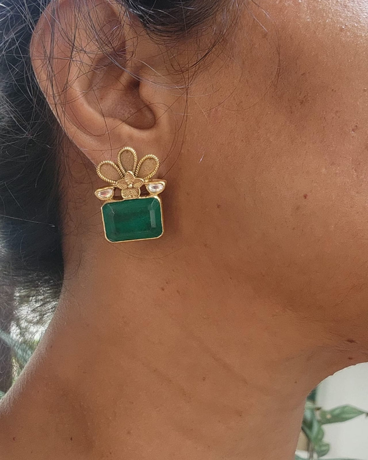 Gold polish emerald studs-Earrings-CI-House of Taamara