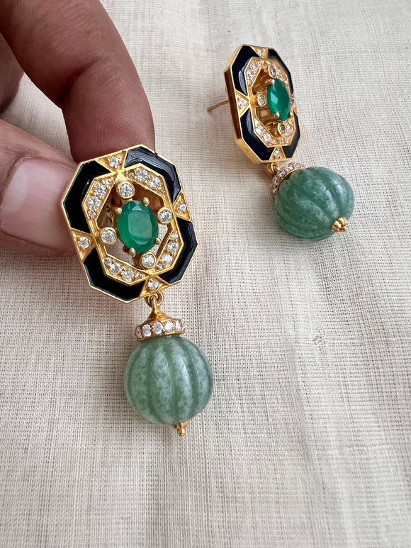Gold polish emerald work CZ studs with jade beads-Earrings-CI-House of Taamara