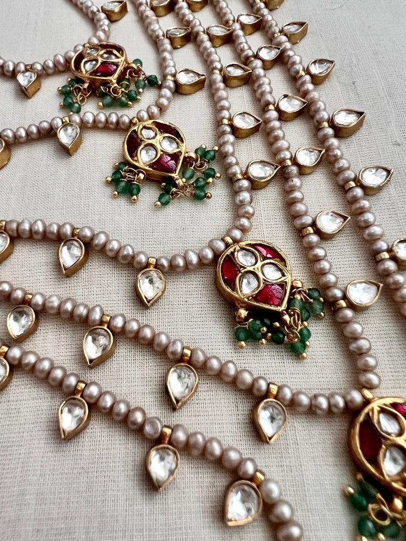 Gold polish five layer kundan & ruby motifs with pearls (Copy)-Silver Neckpiece-CI-House of Taamara