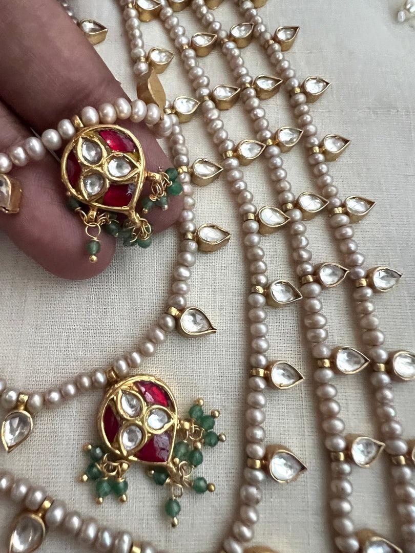 Gold polish five layer kundan & ruby motifs with pearls (Copy)-Silver Neckpiece-CI-House of Taamara