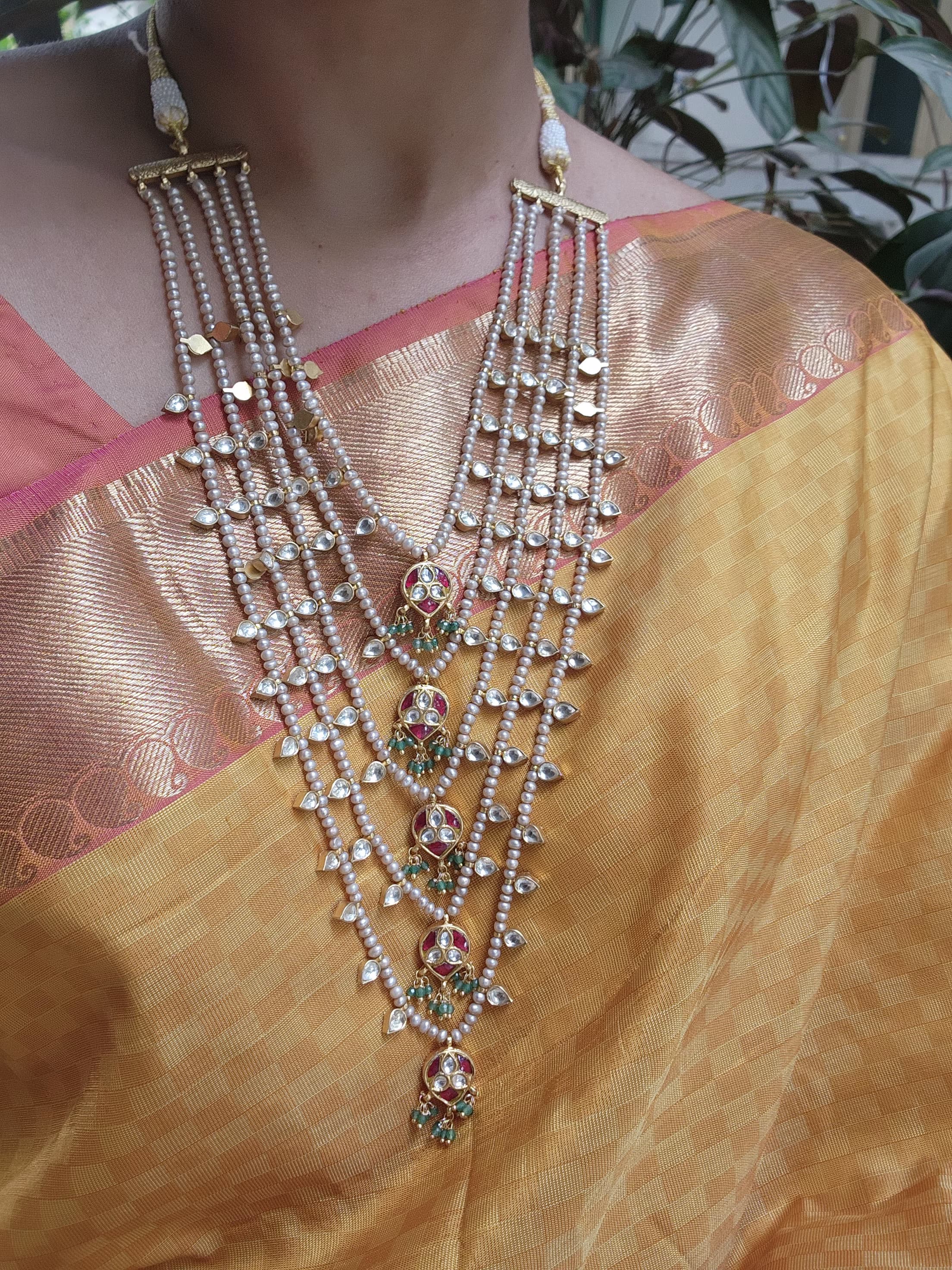 Gold polish five layer kundan & ruby motifs with pearls-Silver Neckpiece-CI-House of Taamara