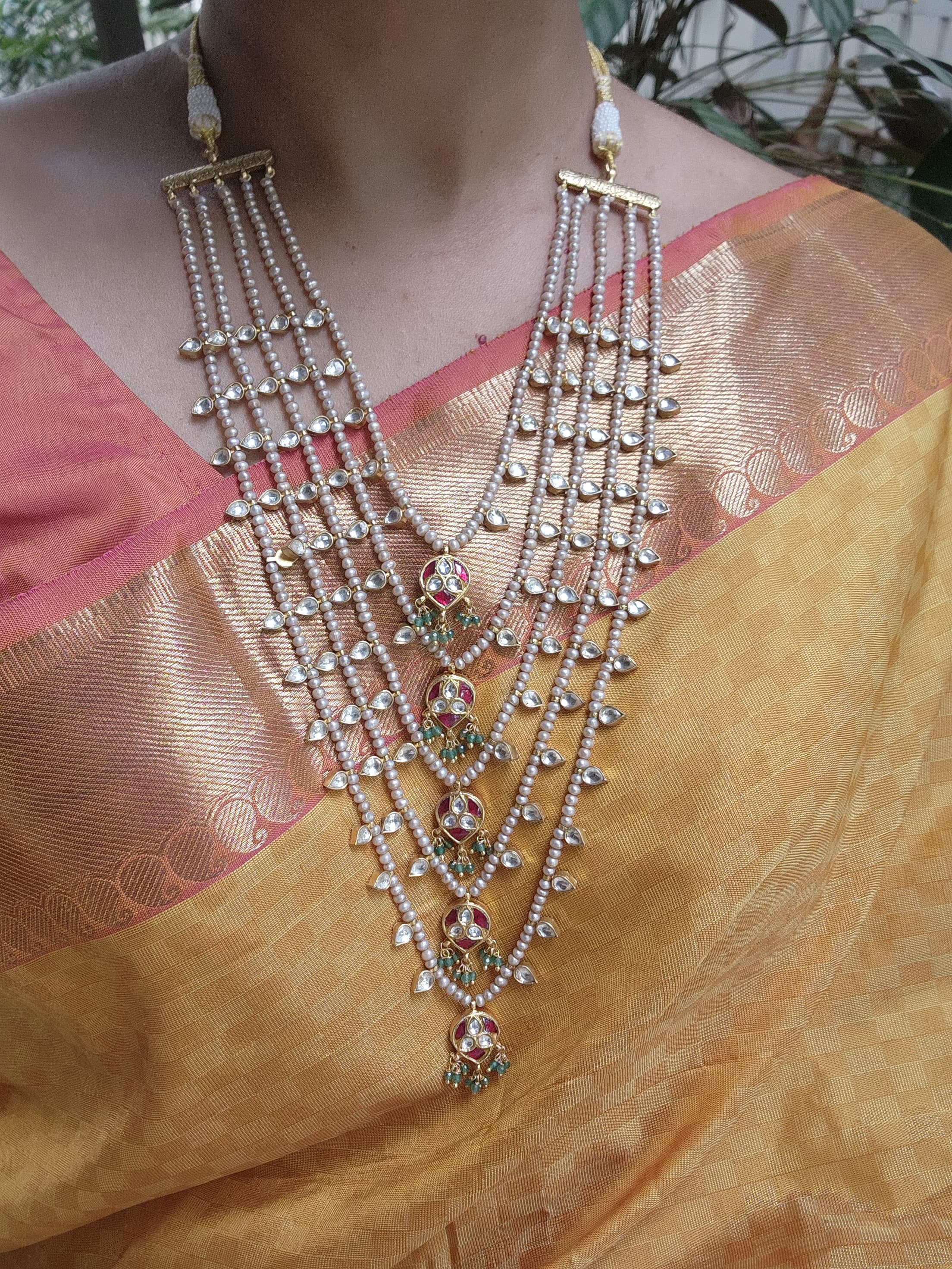 Gold polish five layer kundan & ruby motifs with pearls-Silver Neckpiece-CI-House of Taamara