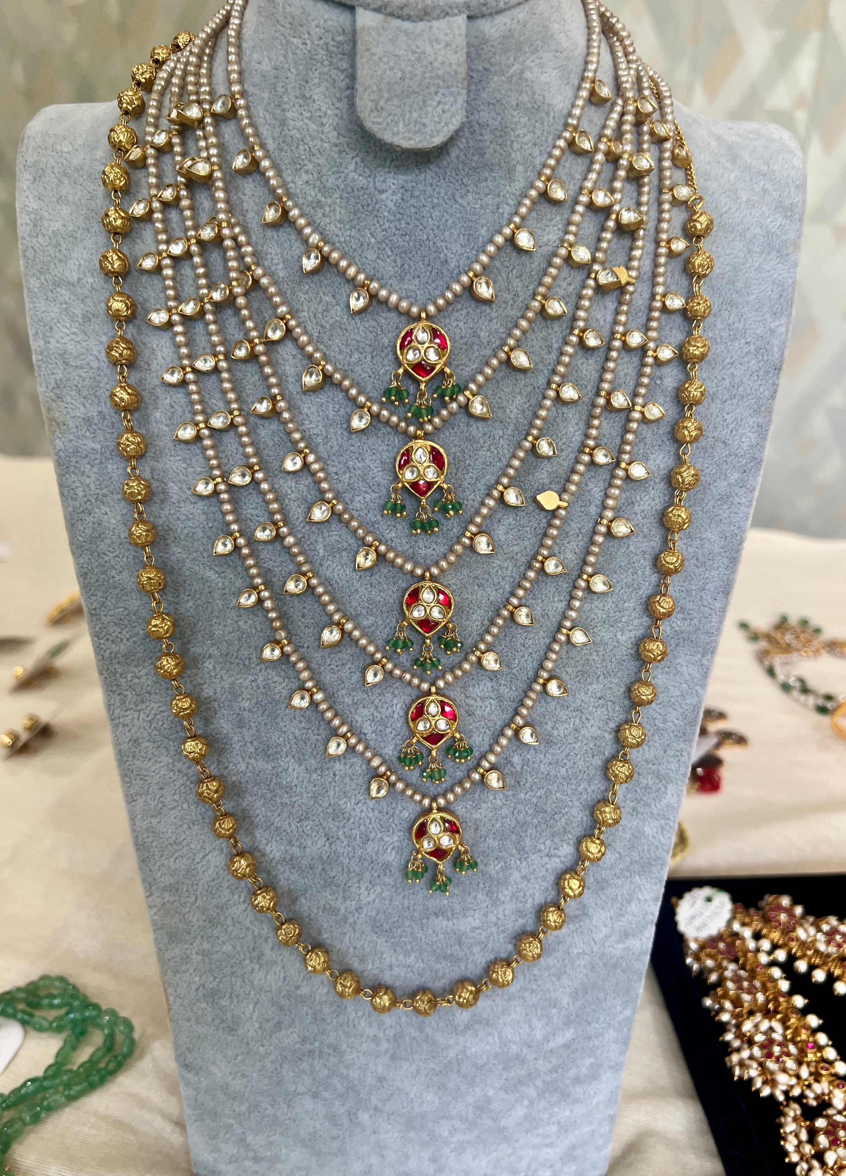 Gold polish five layer kundan & ruby motifs with pearls-Silver Neckpiece-CI-House of Taamara