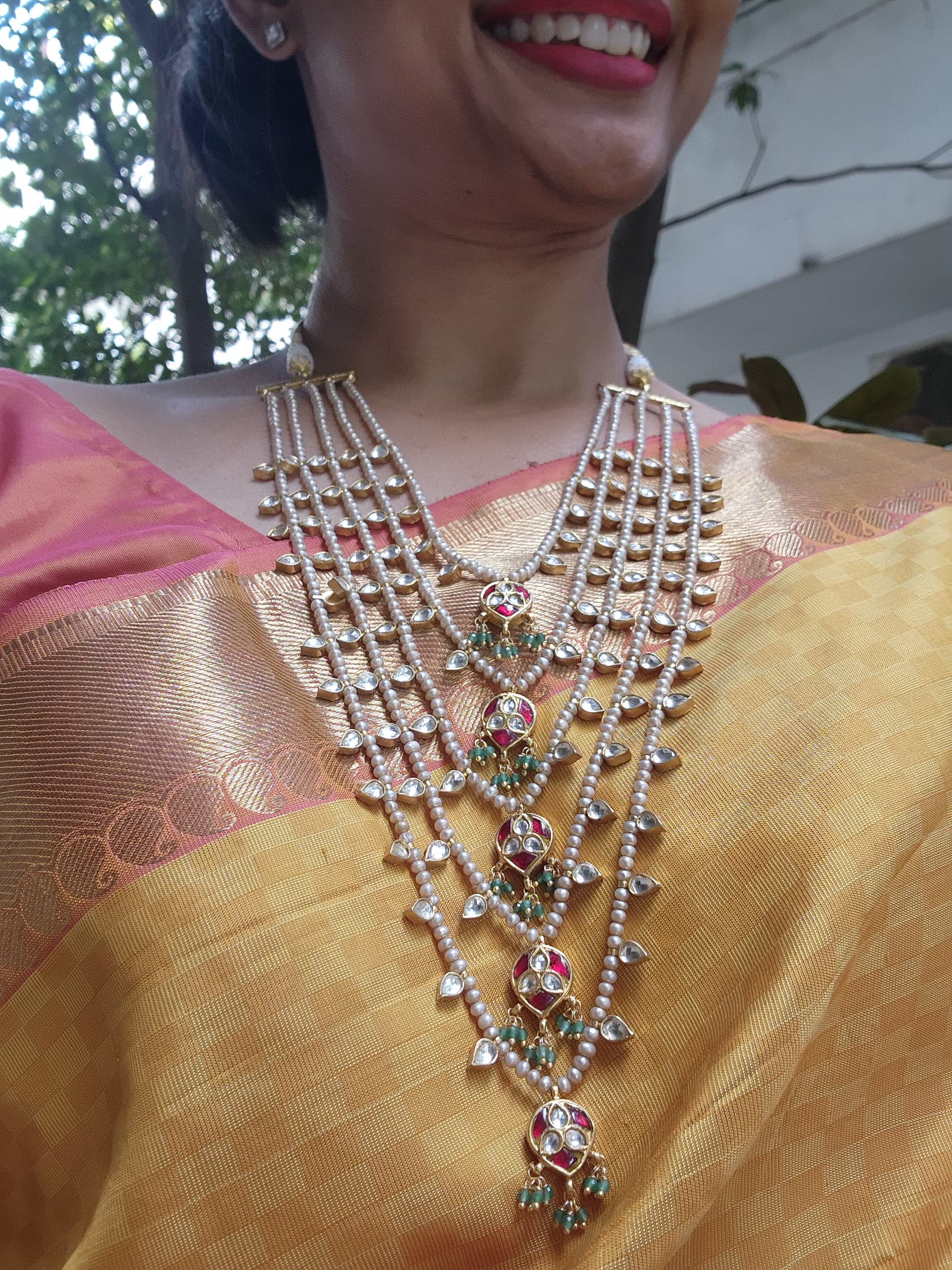 Gold polish five layer kundan & ruby motifs with pearls-Silver Neckpiece-CI-House of Taamara