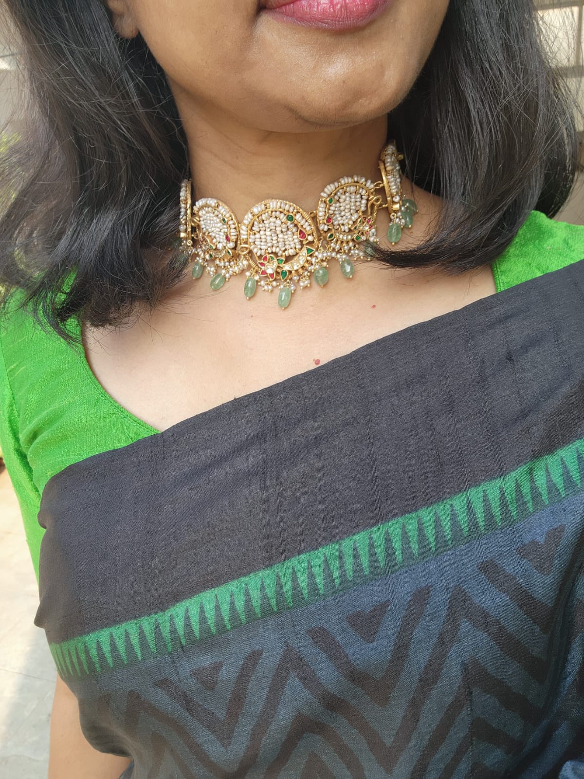 Gold polish fusion choker with stringed pearls and jade beads-Silver Neckpiece-CI-House of Taamara