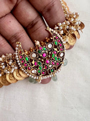 Gold polish fusion necklace with kundan, ruby and emerald with pearls-Silver Neckpiece-CI-House of Taamara