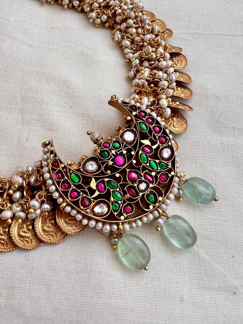 Gold polish fusion necklace with kundan, ruby and emerald with pearls-Silver Neckpiece-CI-House of Taamara