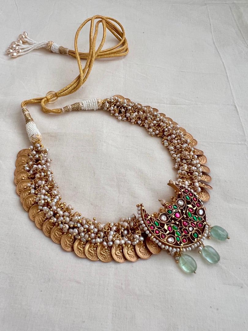 Gold polish fusion necklace with kundan, ruby and emerald with pearls-Silver Neckpiece-CI-House of Taamara