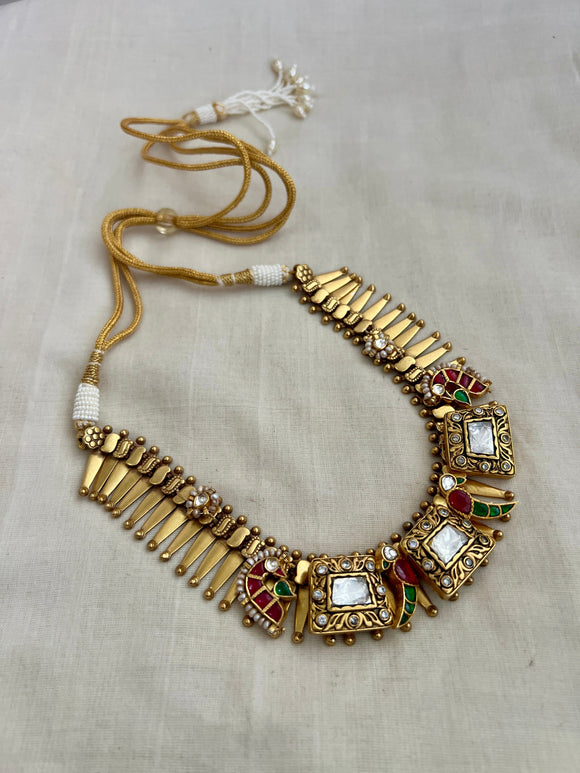 Gold polish fusion necklace with kundan, ruby and emeralds-Silver Neckpiece-CI-House of Taamara