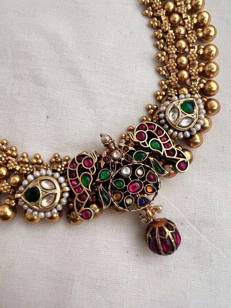 Gold polish fusion necklace with navrathana, ruby & emerald kundan with pearls-Silver Neckpiece-CI-House of Taamara